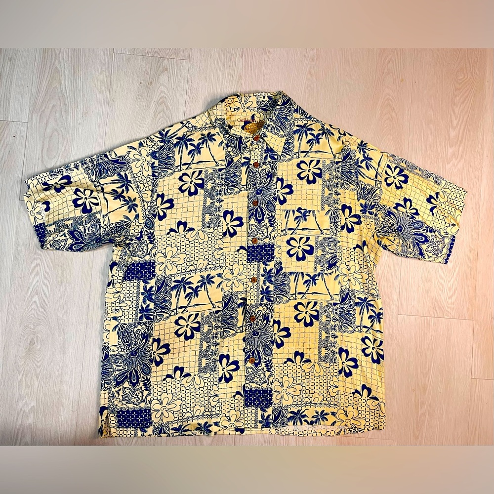 Caribbean Yellow and‎ Blue Floral Hawaiian Men's Shirt Size XL